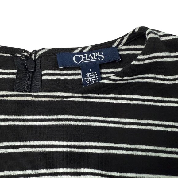 Size 6 Chaps Black White Stripe Ponte Knit Sheath Dress Flared Bell Sleeve - Picture 3 of 10
